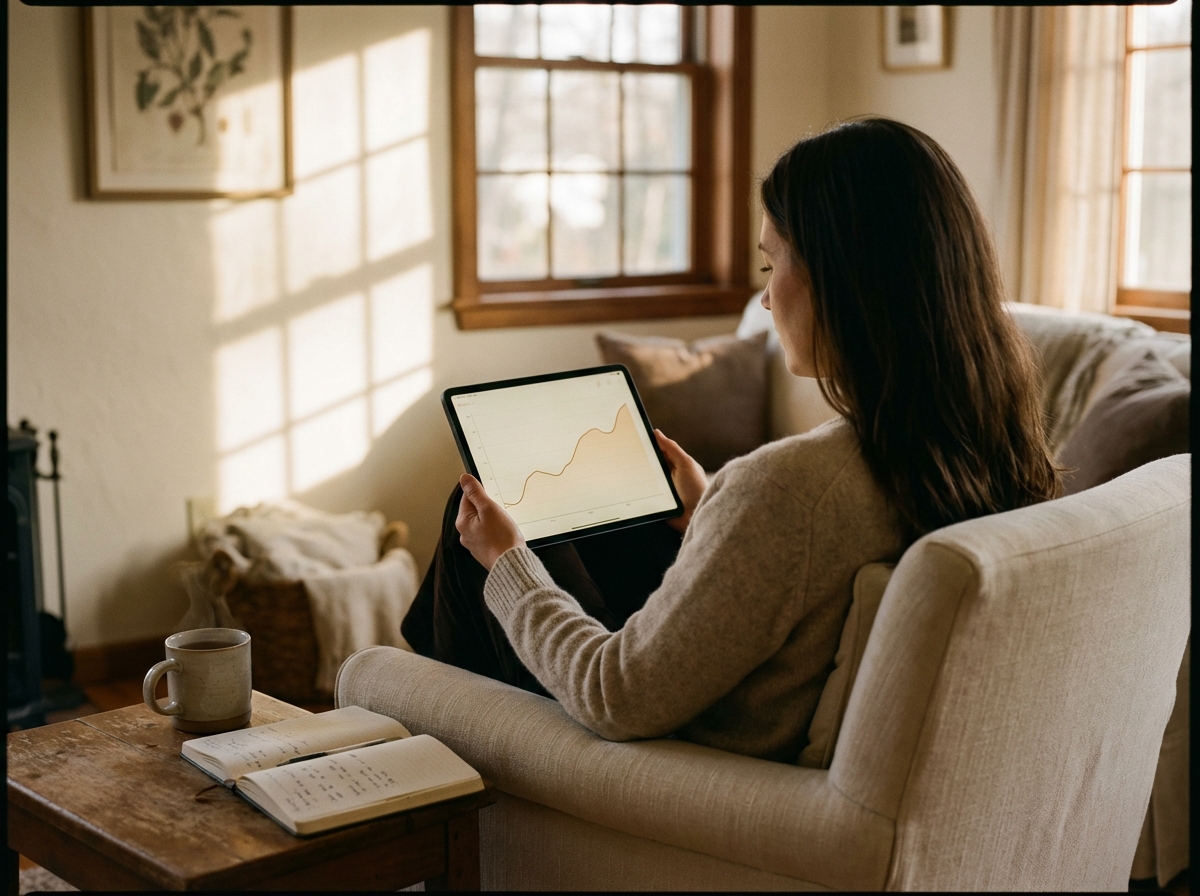 A tablet, smartwatch and hand-drawn trend charts on a warm walnut desk