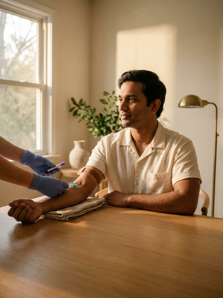 Home blood draw in warm morning light